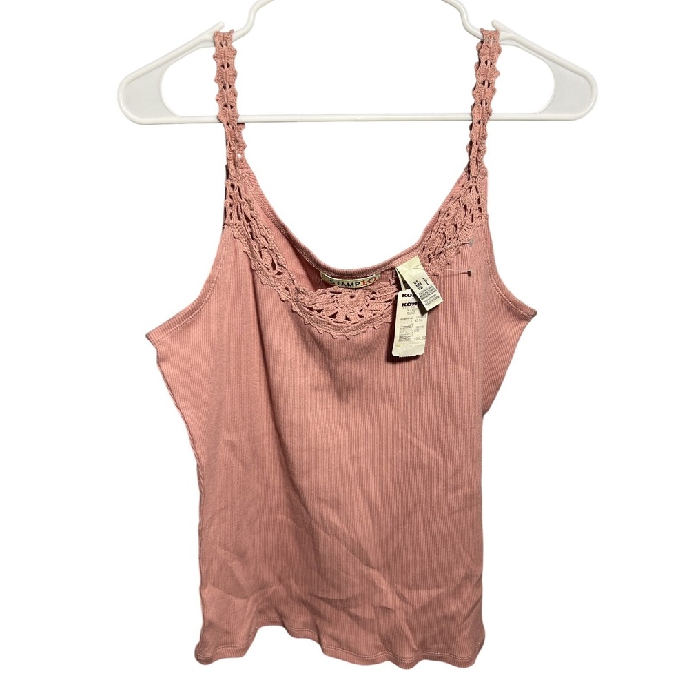 STAMP10 Women's Pink Ribbed Crochet Cami Tank Top Size Large NEW NWT